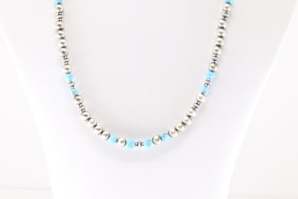 Native America Navajo Sterling Silver Turquoise / Pearl Beaded Necklace.