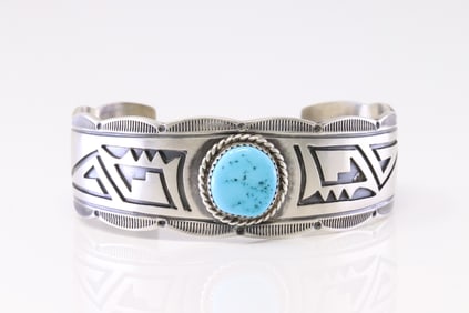 Native American Navajo Sterling Silver Turquoise Bracelet Cuff By L.J.