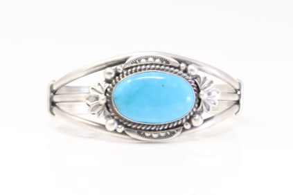 Native American Navajo Sterling Silver Kingman Turquoise Bracelet Cuff By Jimmy Lee.