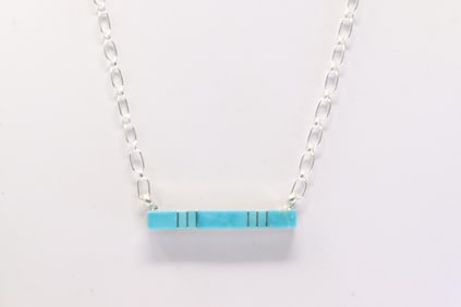 Native America Zuni Sterling Silver Turquoise Inlay Necklace By Maderral Kallestewa.