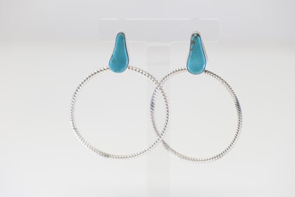 Native American Navajo Sterling Silver Turquoise Hoop Earring's By Verley Betone.