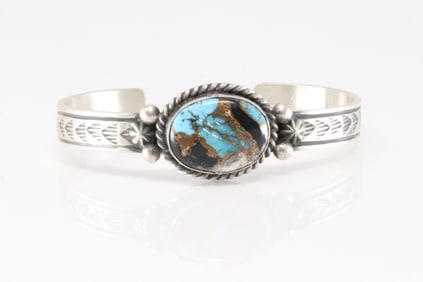 Native American Navajo Sterling Silver Turquoise Compressed Barcelet By Rick Enriquez.