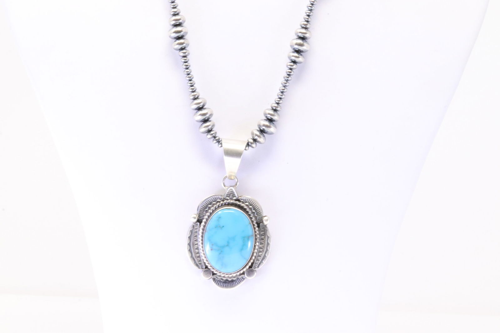 Native American Navajo Sterling Silver Kingman Turquoise Pendant By M. With Pearl Beaded Sterling (1 of 4)