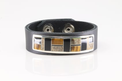 Native American Navajo Sterling Silver Multi-Color Stone Inlay Leather Bracelet By Edison Yazzie.