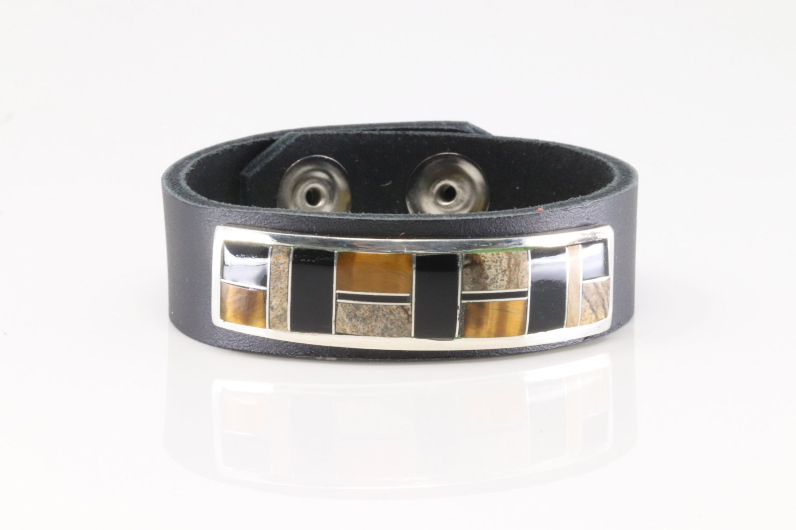 Native American Navajo Sterling Silver Multi-Color Stone Inlay Leather Bracelet By Edison Yazzie.: Thisis a Native American Navajo Sterling Silver Multi-Color Stone Inlay Leather Bracelet By Edison Yazzie.