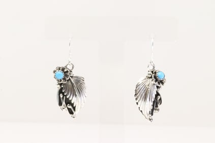 Native American Navajo Sterling Silver Turquoise Leaf Dangling Earring's By Arlene Lewis.