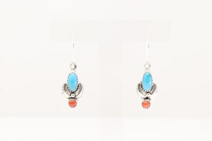 Native America Navajo Sterling Silver Coral & Turquoise Dangling Earring's By Amery Spencer.