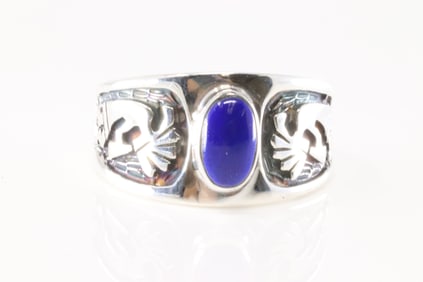 Native American Navajo Sterling Silver Lapis Stone Kokopelli Cuff Ring Julius Burbank.