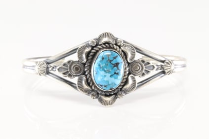 Native America Navajo Sterling Silver Kingman Turquoise Bracelet By Robert Shakey.