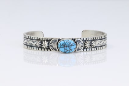 Native America Navajo Sterling Silver Kingman Turquoise Bracelet Cuff By Francis.