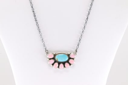Native America Navajo Sterling Silver Kingman Turquoise & Pink Conch Necklace By Geraldine James.