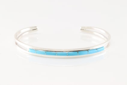 Native America Zuni Sterling Silver Turquoise Inlay Bracelet By A.L.W.