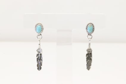 Native America Navajo Sterling Silver Turquoise Post Feather Earring's By Theresa Smith.