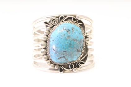 Native America Navajo Sterling Silver Kingman Turquoise Bracelet Cuff By Ray Nez.