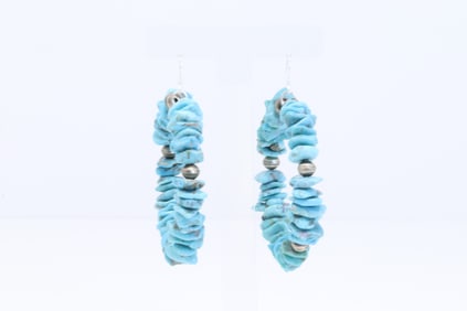 Native America Navajo Sterling Silver Turquoise / Pearl Beaded Hoop Dangling Earring's.