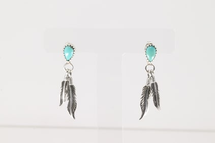 Native America Navajo Sterling Silver Turquoise Feather Post / Dangling Earring's By Betty