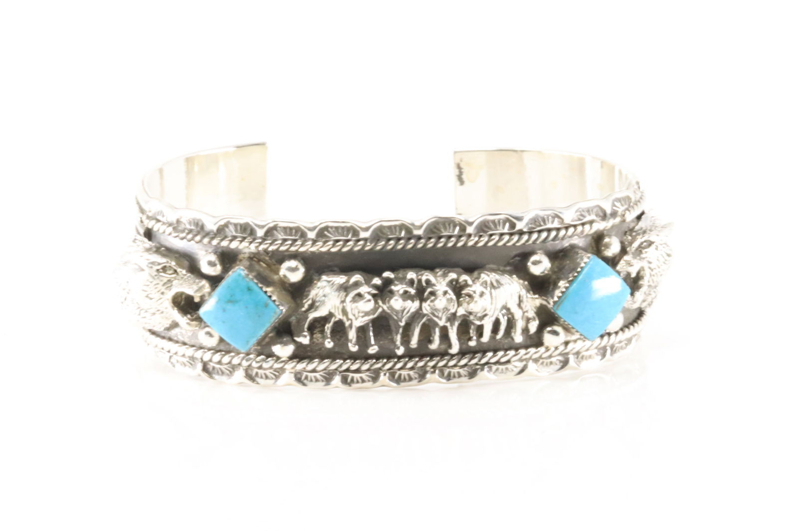 Native America Navajo Sterling Silver Turquoise Bracelet Wolf Cuff By Gregg Yazzie. (1 of 4)