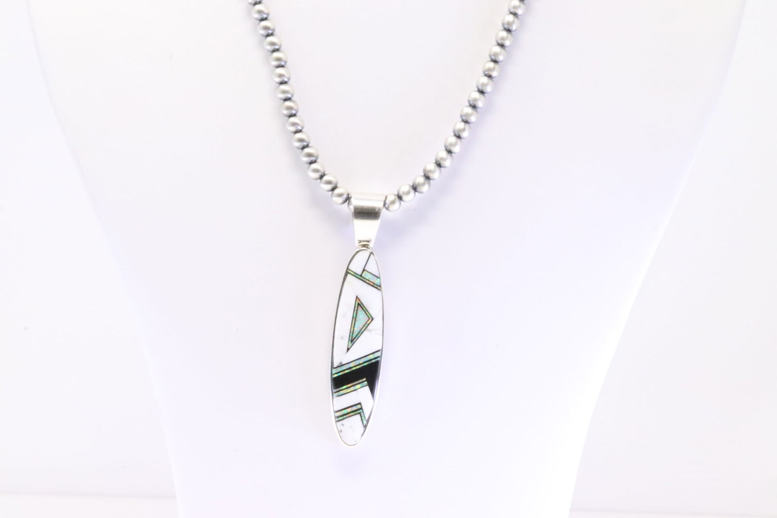 Native America Navajo Sterling Silver Multi-Color Stone Inlay Pendant. With Pearl Beaded Sterling (1 of 4)