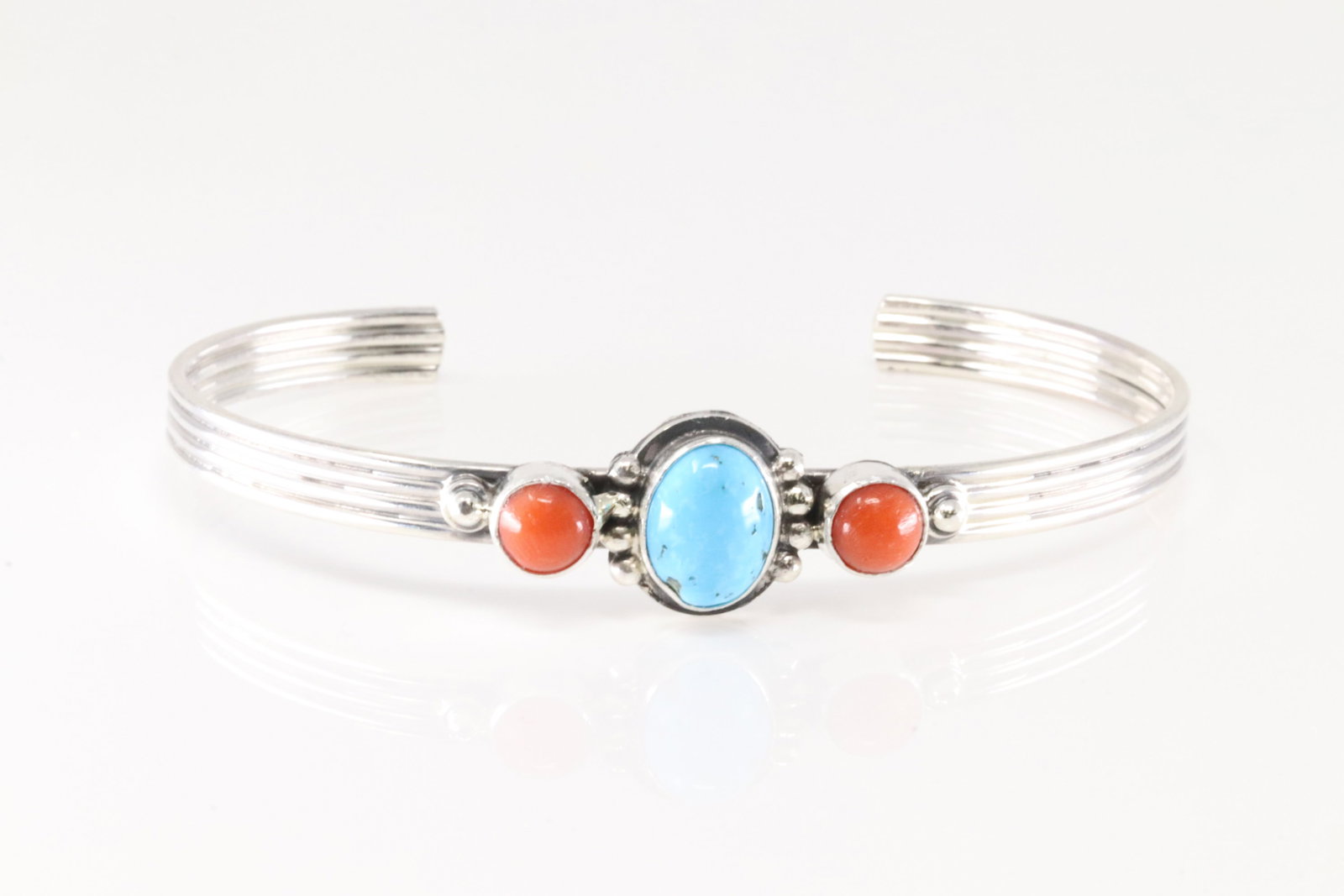 Native American Navajo Sterling Silver Coral & Turquoise Bracelet By Amos Begay.: This is a Native American Navajo Sterling Silver Coral & Turquoise Bracelet By Amos Begay.
