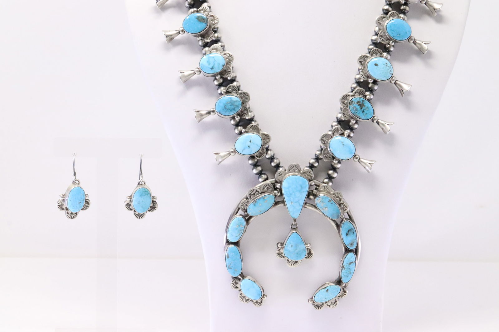 Native American Navajo Sterling Silver Turquoise Squash Blossom Necklace & Earring's Set By Kee.J. (1 of 9)