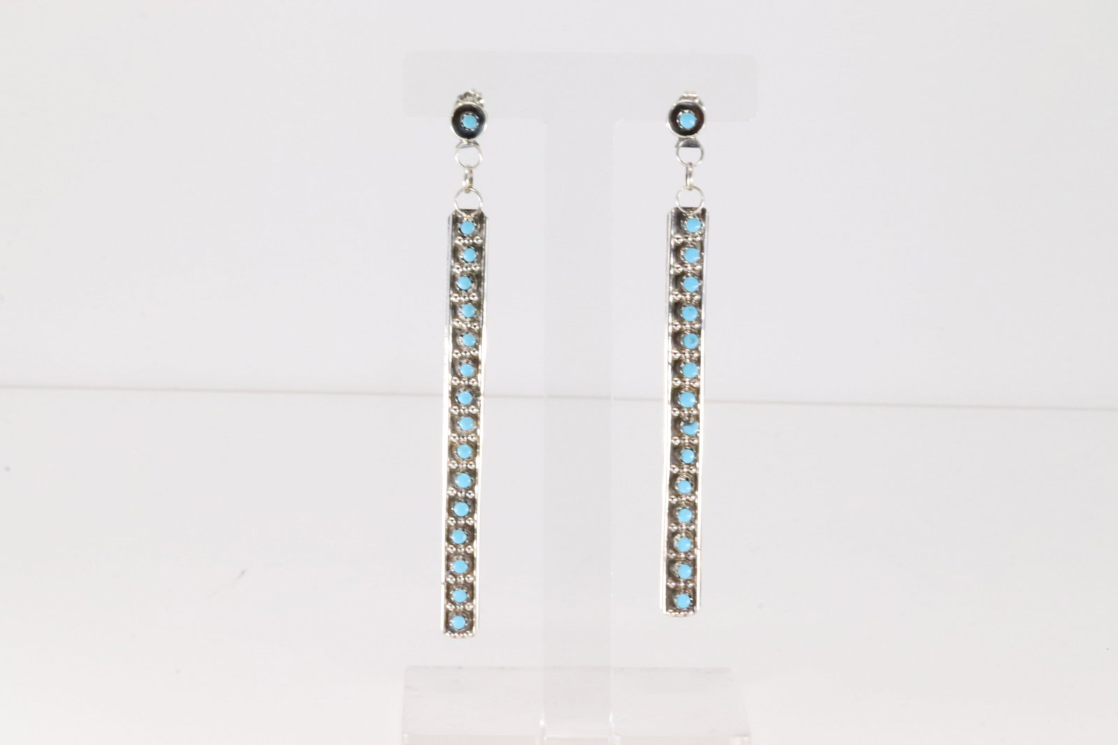 Native America Zuni Sterling Silver Turquoise Post / Dangling Earring By Joan Cheama.: This is a Native America Zuni Sterling Silver Turquoise Post / Dangling Earring By Joan Cheama.
