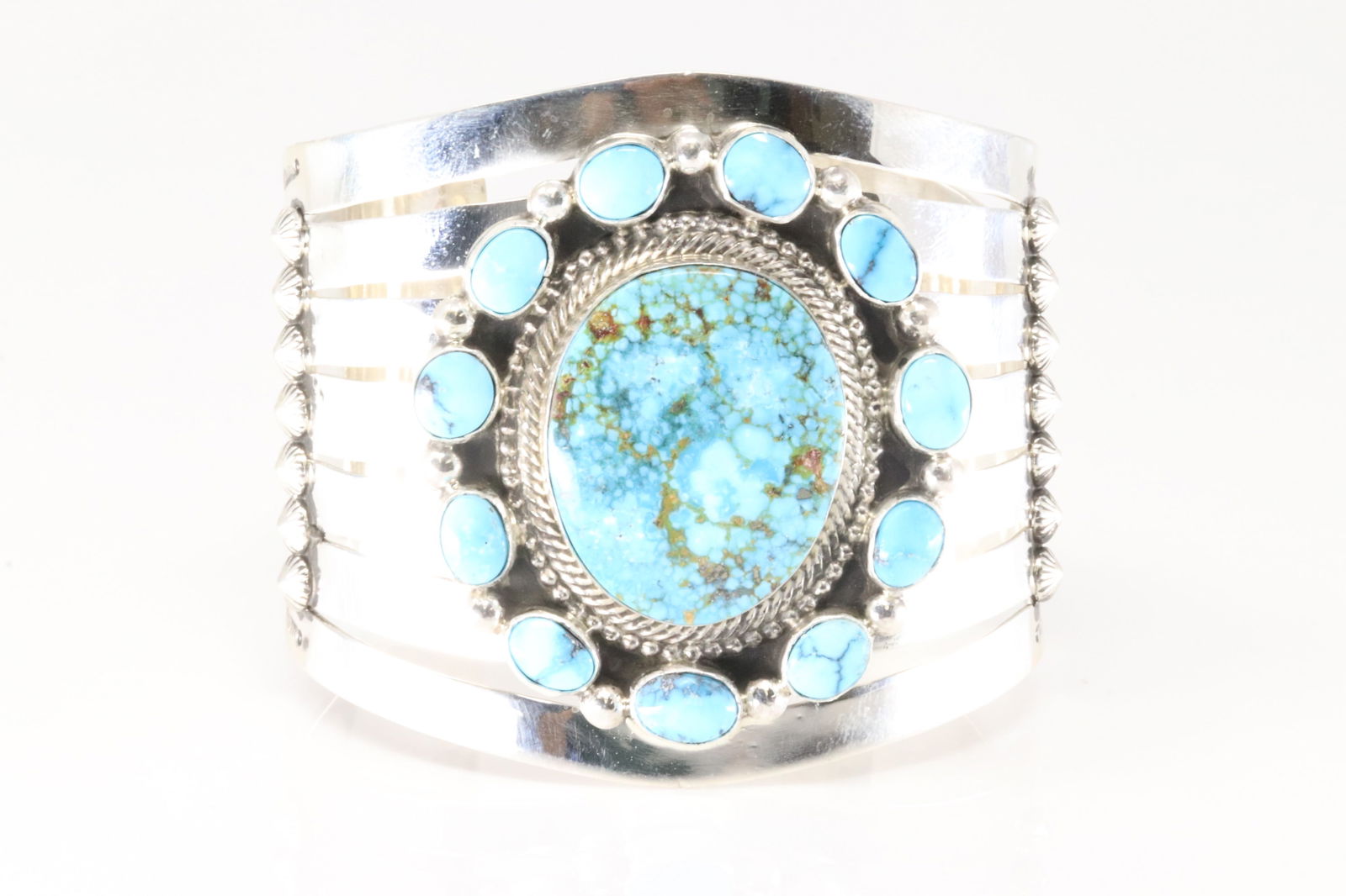 Native America Navajo Sterling Silver Kingman Turquoise Bracelet Cuff By Tom Lewis. (1 of 5)