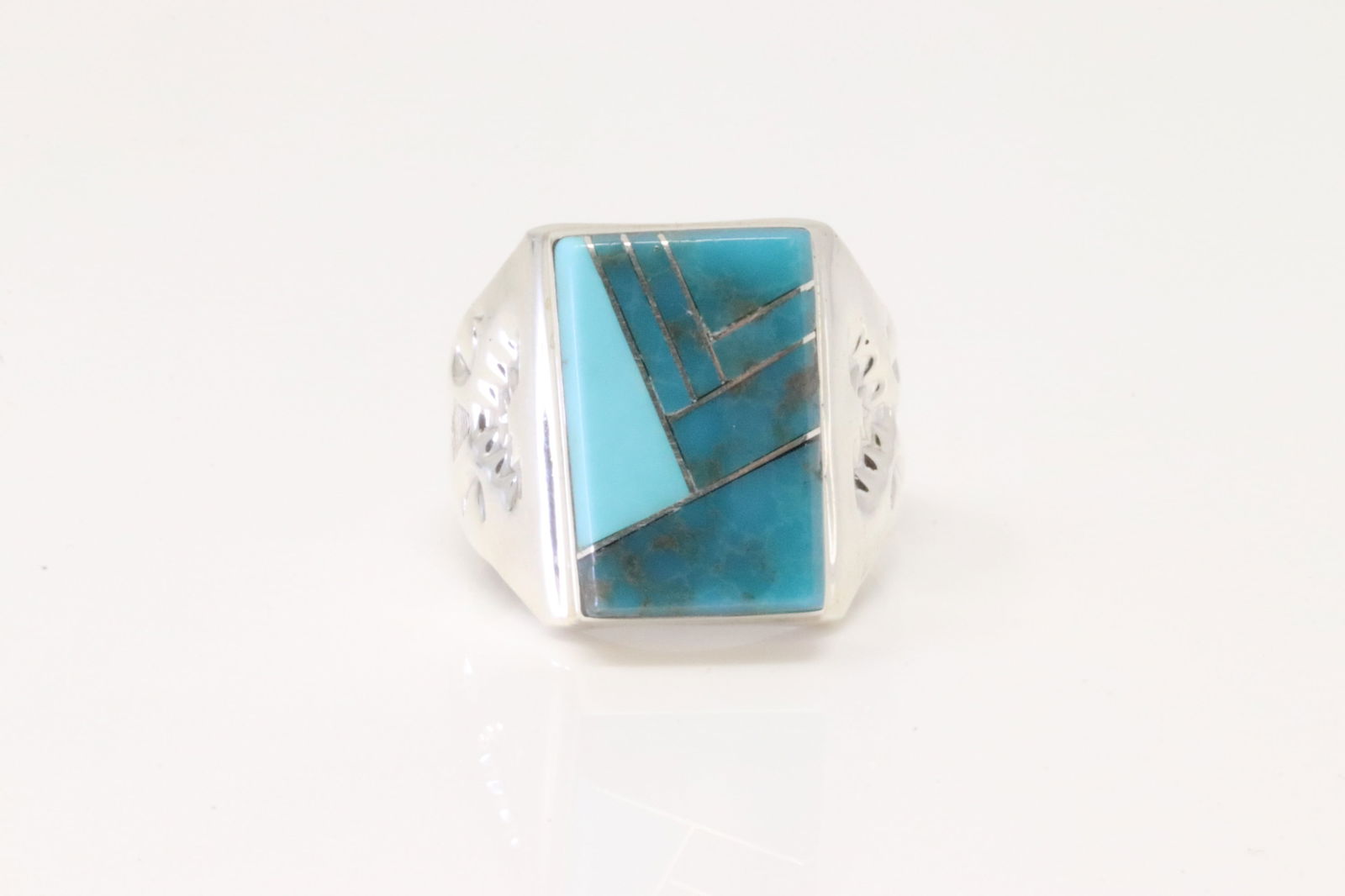 Native America Zuni Sterling Silver Turquoise Inlay Ring By P.L.L. (1 of 4)
