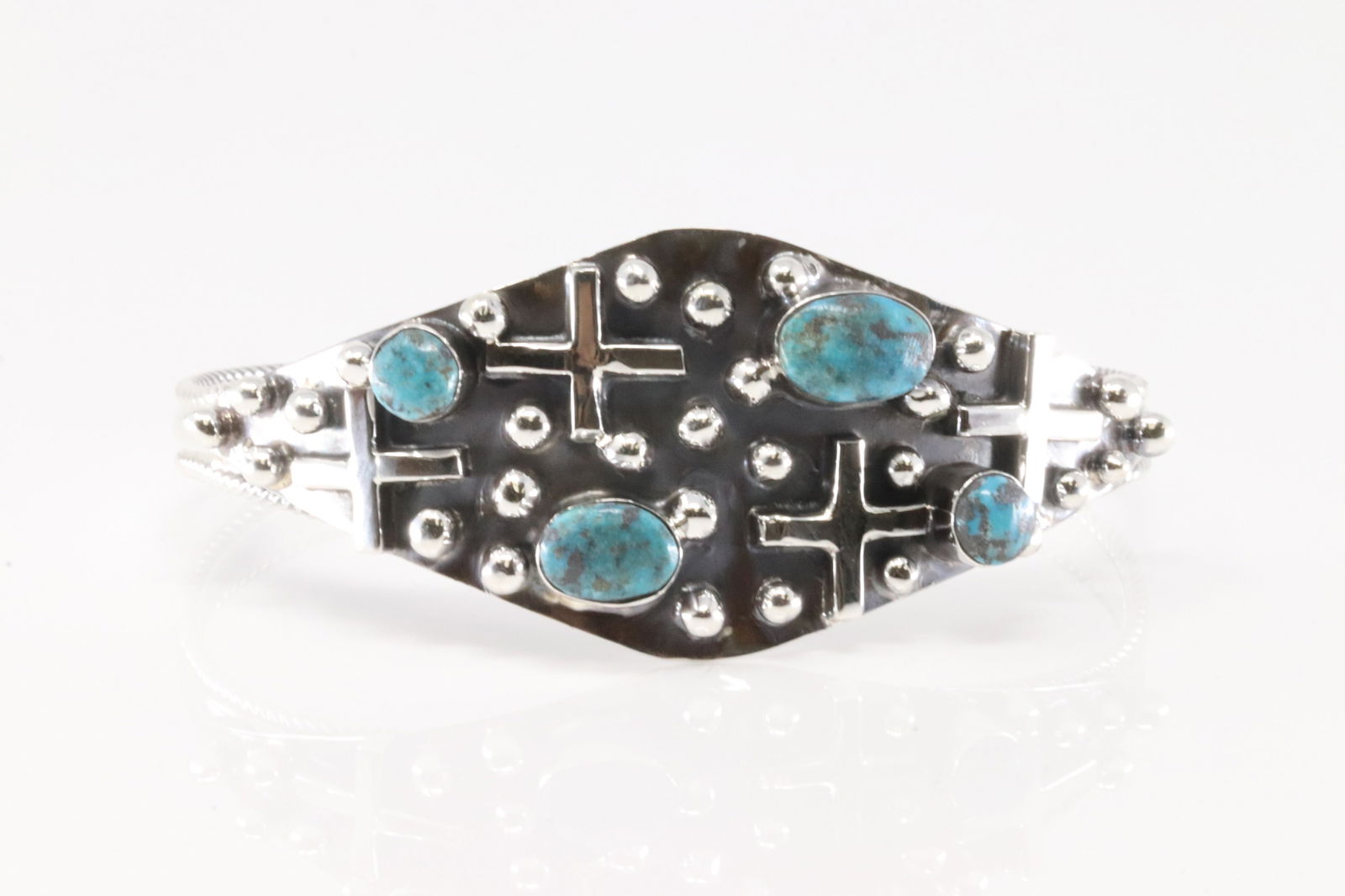 Native America Navajo Sterling Silver Turquoise Cross Bracelet Cuff By Gregg Yazzie. (1 of 4)