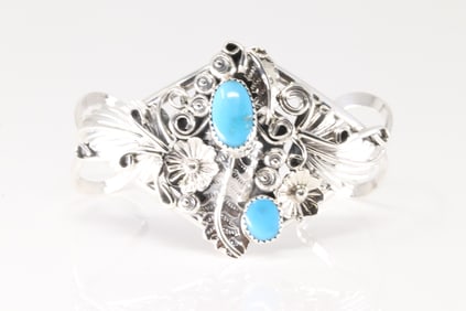 Native America Navajo Sterling Silver Turquoise Floral Bracelet Cuff By Harry B.Yazzie.