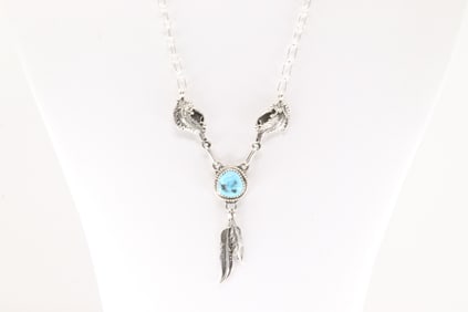 Native America Navajo Sterling Silver Turquoise Leaf & Feather Necklace By Verley Betone.