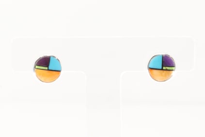 Native America Navajo Sterling Silver Multi-Color Stone Inlay Post Earring's.