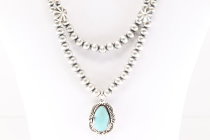 Native America Navajo Sterling Silver Turquoise Necklace By Lucinda Sardo.