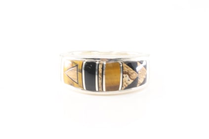 Native America Navajo Sterling Silver Multi-Color Stone Inlay Ring By Rick T.