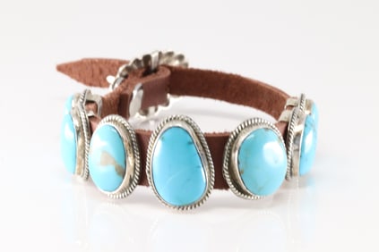Native America Navajo Sterling Silver Turquoise Leather Bracelet By B.C.
