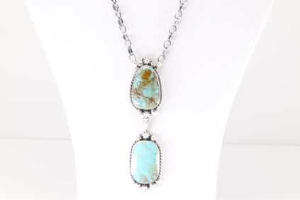 Native America Navajo Sterling Silver Kingman Turquoise Necklace By Augustine Largo.