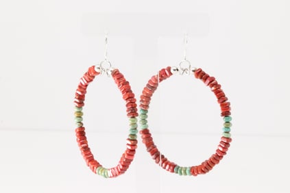 Native America Navajo Sterling Silver Turquoise & Coral Hoop Dangling Earring's.