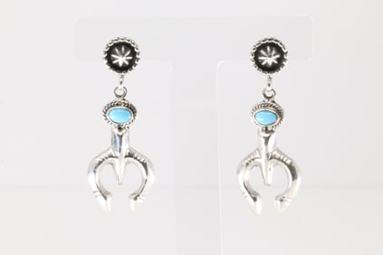 Native America Navajo Sterling Silver Turquoise Naja Post / Dangling Earring's By Gary Shorty.