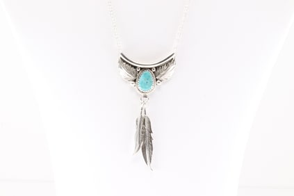 Native America Navajo Sterling Silver Turquoise Necklace Leaf & Feather By Sharon McCarthy.