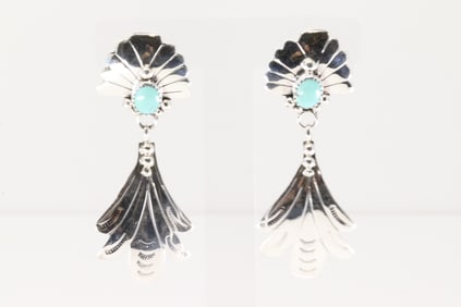 Native America Navajo Sterling Silver Turquoise Feather Post / Dangling Earring's By Genevieve