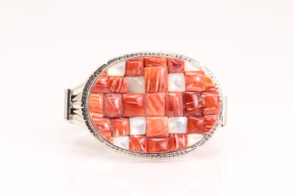 Native America Navajo Sterling Silver Spiny Oyster & White Stone Bracelet Cuff By S.E.