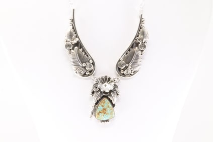 Native America Navajo Sterling Silver Turquoise Floral Necklace By Loretta Delgarito.