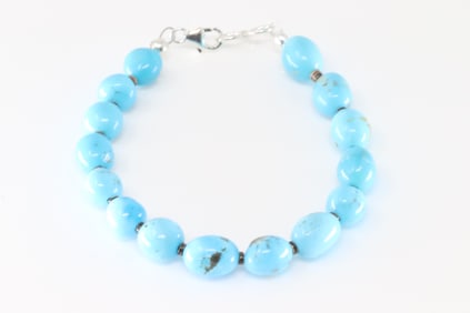 Native America Navajo Sterling Silver Turquoise Pearl Beaded Bracelet Link.
