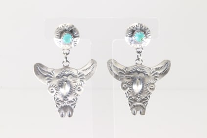 Native American Navajo Sterling Silver Turquoise Bull Head Post / Dangling Earring's By Gabrielle