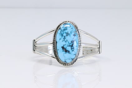 Native America Navajo Sterling Silver Kingman Turquoise Bracelet Cuff By Samson Etcitty.