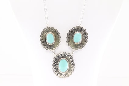 Native America Navajo Sterling Silver Turquoise Necklace By Arlene Lewis.