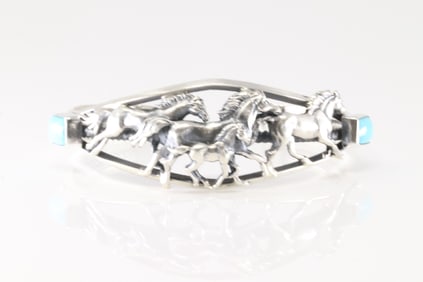 Native America Navajo Sterling Silver Turquoise Horse Bracelet Cuff By Bobby Platero.