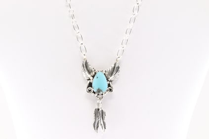 Native America Navajo Sterling Silver Turquoise Necklace By Sadie Jim.