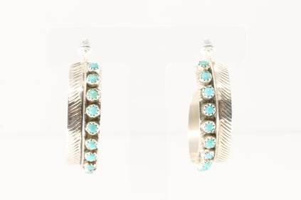 Native America Navajo Sterling Silver Turquoise Hoop Earring's By Aaron Davis.