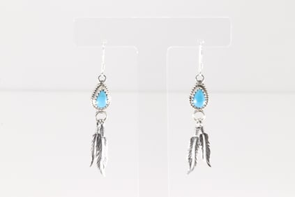 Native America Navajo Sterling Silver Turquoise Feather Dangling Earring's By Sharon McCarthy.