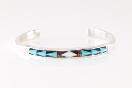 Native America Navajo Sterling Silver Multi-Color Stone Inlay Bracelet.